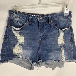 S.O.N.G. Curvy High Rise Blue Distressed Raw Hem Jean Shorts Juniors Size 7/28